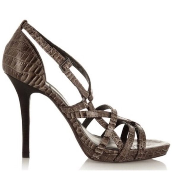 TORY BURCH Elizabella Croc Embossed Leather Stiletto Heel Sandals - Picture 1 of 9